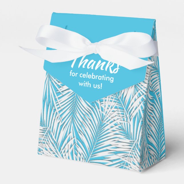 White Palms on Blue Tent Style Party Favour Boxes (Front Side)