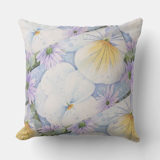WHITE PANSIES AND PURPLE DAISIES FLOWER PATIO OUTDOOR PILLOW (Front)
