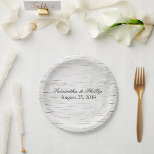 White Paper Birch Tree Bark Rustic Wood Wedding Paper Plate