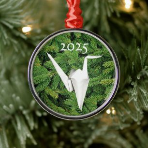 White Paper Crane , Pine Tree Background Ornament