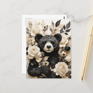 White Paper Roses & Black Bear Valentine Postcard