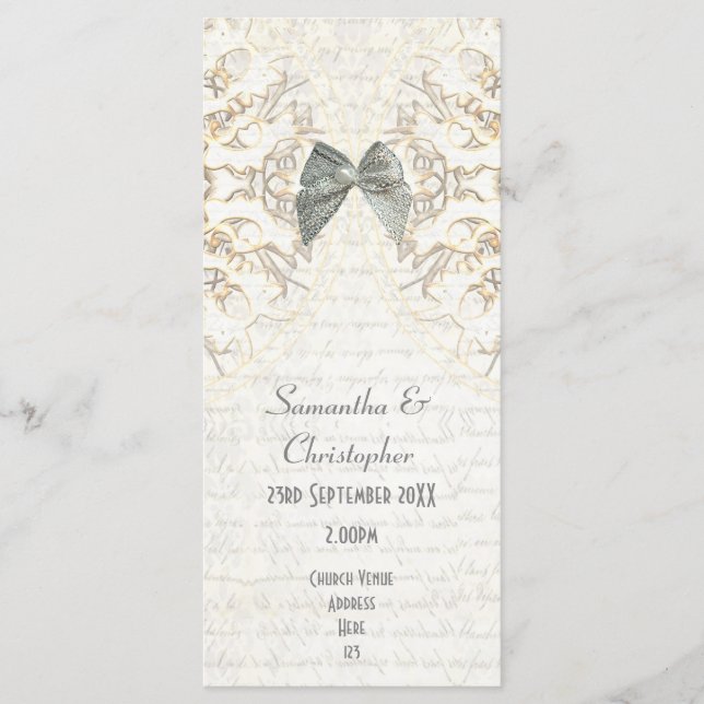 White parchment lace damask church wedding program (Front)