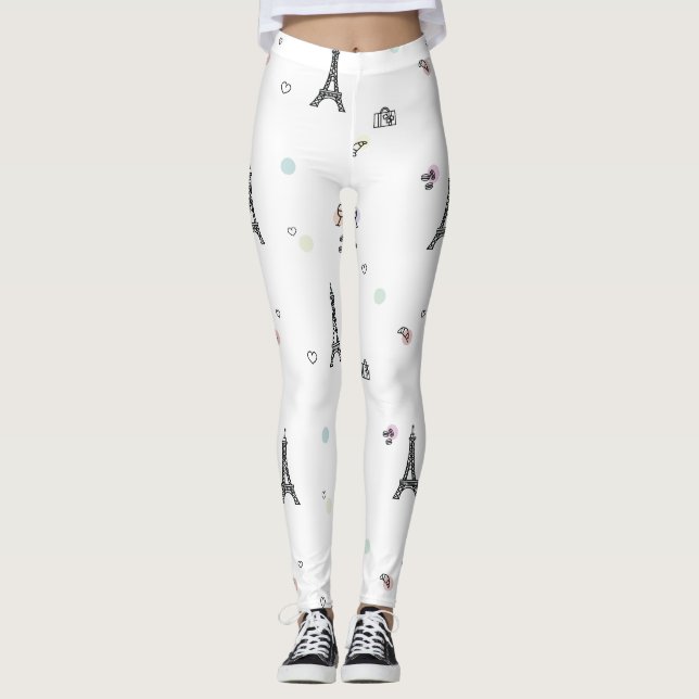 White Paris France Eiffel Tower Pattern Leggings (Front)