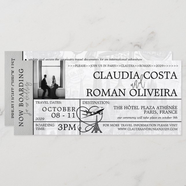 White Paris Wedding Boarding Pass Invitation (Front/Back)