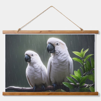 White Parrots Perched in Rain Hanging Tapestry