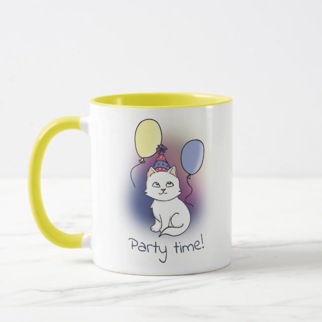 White Party Kitten with Balloons Illustration Mug (Left)