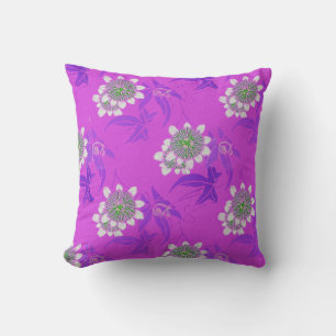 WHITE PASSION FLOWERS,BLUE LEAVES FUCHSIA PURPLE THROW PILLOW