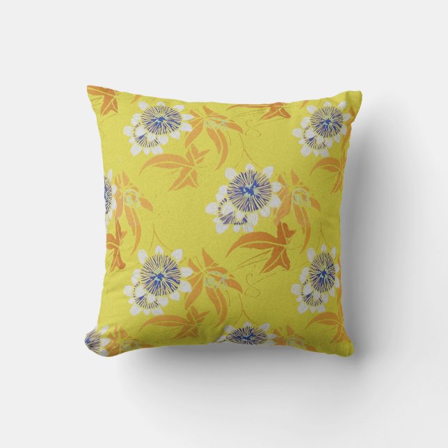 WHITE PASSION FLOWERS,BLUE LEAVES FUCHSIA PURPLE THROW PILLOW (Front)