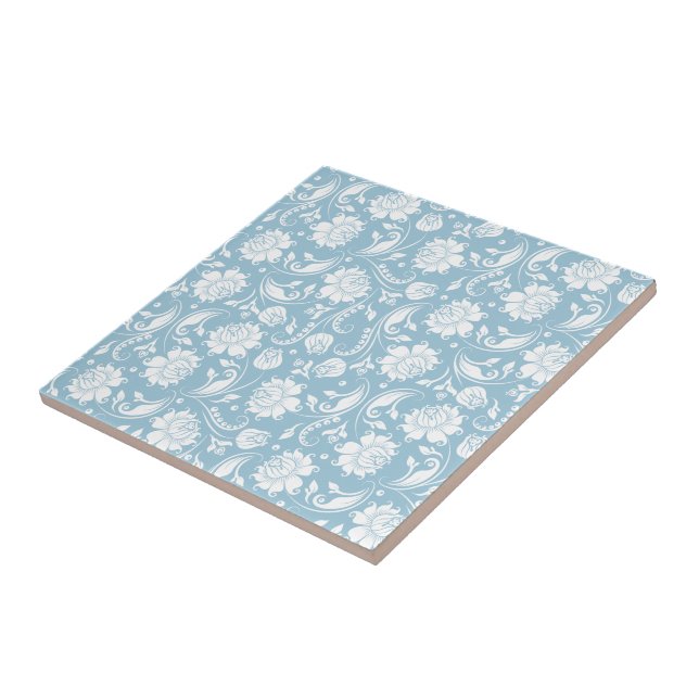 White & Pastel Blue Vintage Floral Damasks Tile (Side)