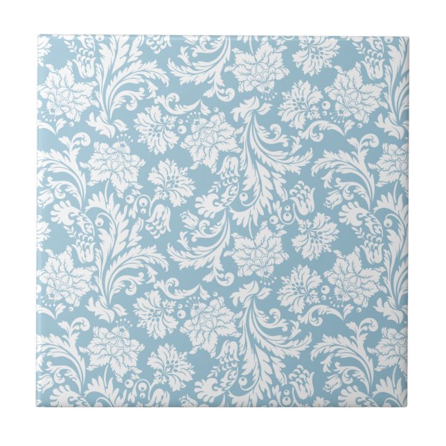 White & Pastel+blue Vintage Floral Damasks Tile (Front)