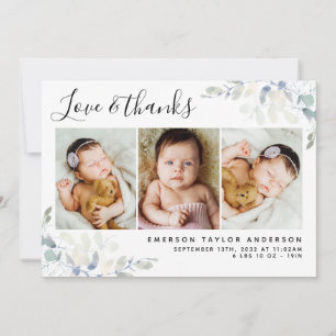 White Pastel Eucalyptus 3 Photo New Baby  Thank You Card