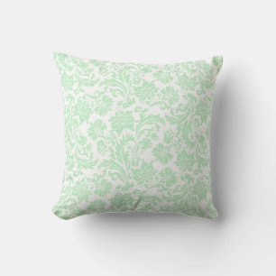 White & Pastel Green Vintage Floral Damasks Throw Pillow