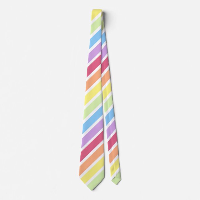White Pastel Rainbow Diagonal Stripe Neck Tie (Front)