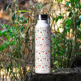 White pattern wildflowers red poppy insulated water bottle