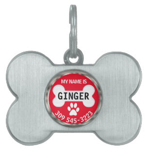White Paw & Bone on Red   Personalize Pet ID Tag