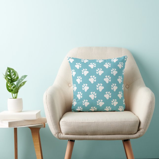 White Paw Pattern On Blue Throw Pillow (Chair)