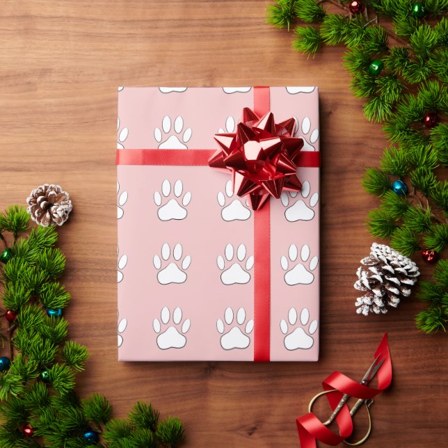 White Paw Print Cartoon Drawing Pattern On Pink Wrapping Paper (Holiday Gift)