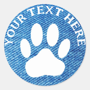 White Paw Print Custom Text Blue Denim Print Classic Round Sticker