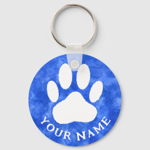 White Paw Print Custom Text Blue Watercolor Keychain