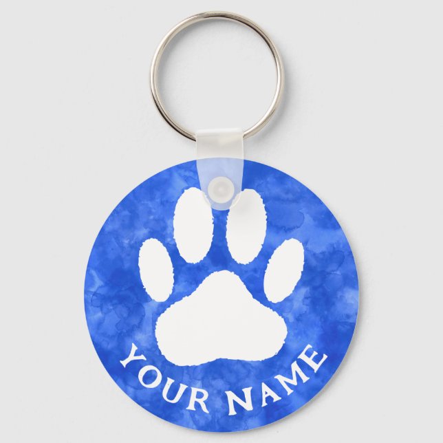 White Paw Print Custom Text Blue Watercolor Keychain (Front)