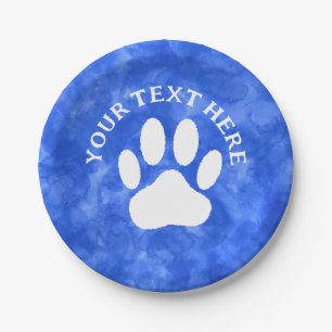White Paw Print Custom Text Blue Watercolor Paper Plate