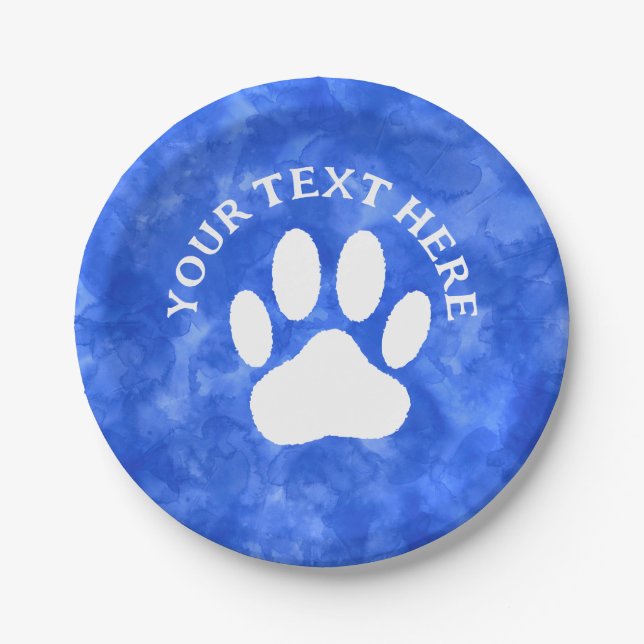 White Paw Print Custom Text Blue Watercolor Paper Plate (Front)