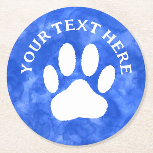 White Paw Print Custom Text Blue Watercolor Round Paper Coaster