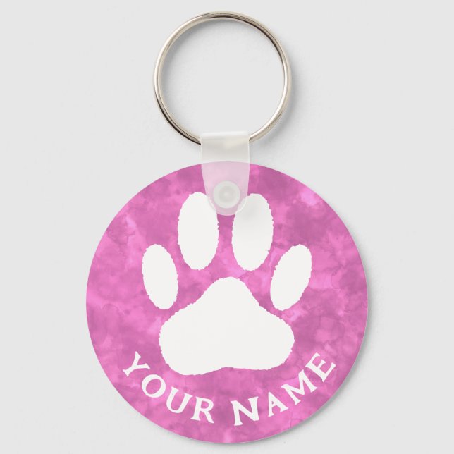 White Paw Print Custom Text Pink Watercolor Keychain (Front)