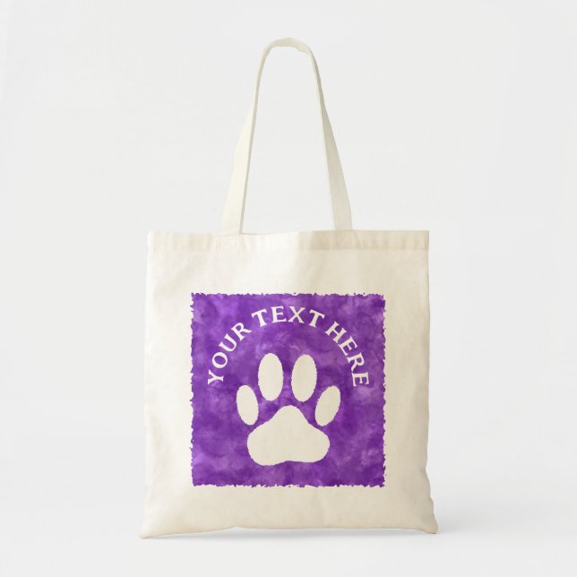 White Paw Print Custom Text Purple Watercolor Tote Bag (Front)