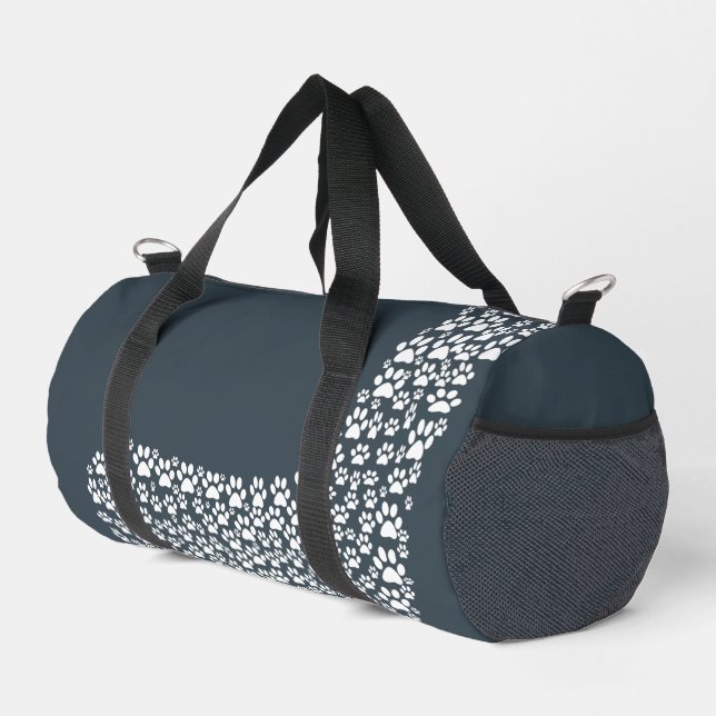 White Paw Print Dog Silhouette Pattern Fabric Duffle Bag (Right Corner)
