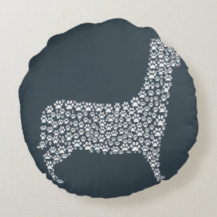 White Paw Print Dog Silhouette Pattern Fabric Round Pillow
