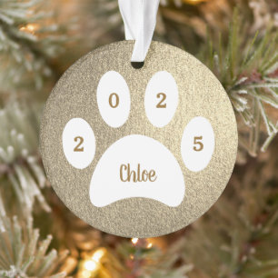 White Paw Print Gold Cat Photo with Name Year Ornament