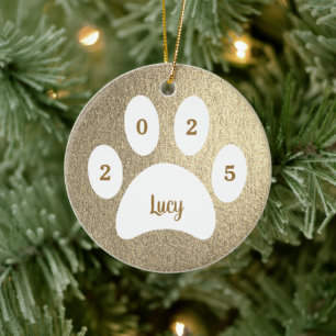White Paw Print Gold Dog Photo with Name Year Ceramic Ornament
