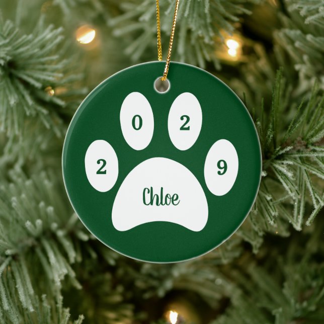 White Paw Print Green Cat Photo with Name Year Ceramic Ornament (Tree)