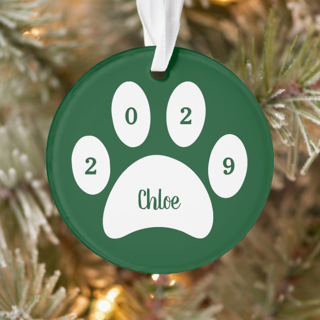 White Paw Print Green Cat Photo with Name Year Ornament (Tree)