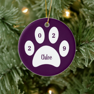 White Paw Print Purple Cat Photo with Name Year Ceramic Ornament