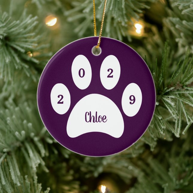 White Paw Print Purple Cat Photo with Name Year Ceramic Ornament (Tree)