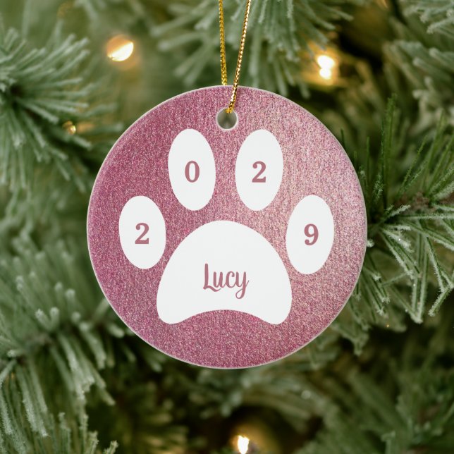 White Paw Print Rose Gold Dog Photo Name Year Ceramic Ornament (Tree)
