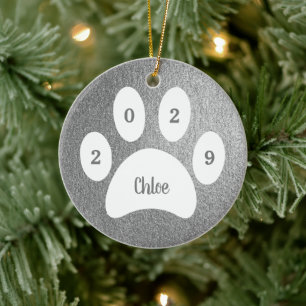 White Paw Print Silver Cat Photo with Name Year Ceramic Ornament