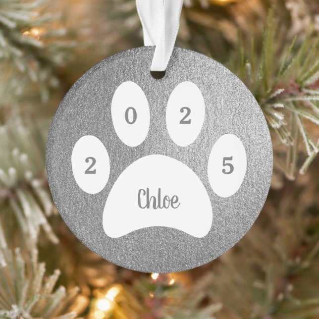 White Paw Print Silver Cat Photo with Name Year Ornament (Tree)