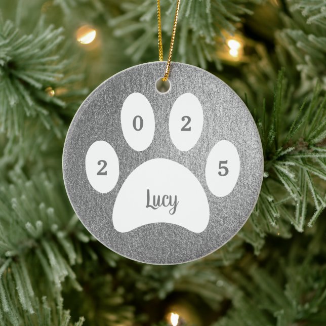 White Paw Print Silver Dog Photo with Name Year Ceramic Ornament (Tree)