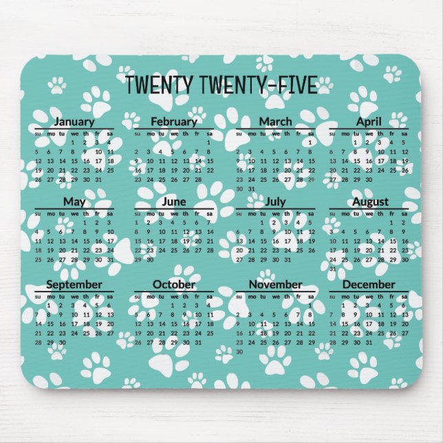 White Paw Prints 2025 Calendar Mousepad (Front)