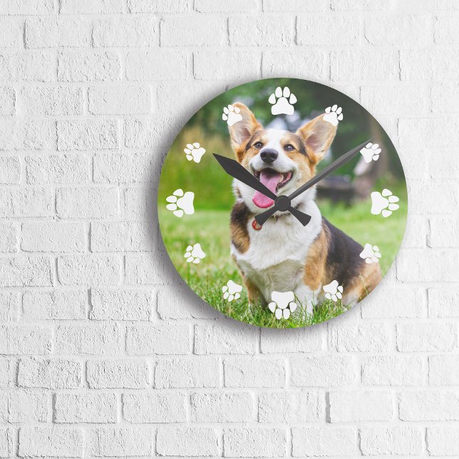 White Paw Prints Add Your Pet Photo Round Clock (Creator Uploaded)