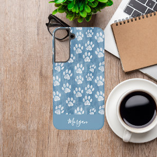 White Paw Prints on Blue Name – Rustic Pet Lover  Samsung Galaxy Case