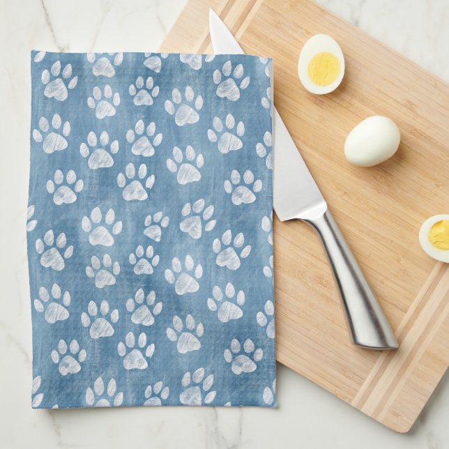 White Paw Prints on Blue – Rustic Pet Lover  Kitchen Towel (Quarter Fold)