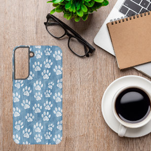 White Paw Prints on Blue – Rustic Pet Lover  Samsung Galaxy Case