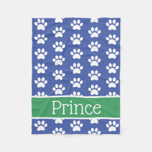 White Paw Prints on Blue With Green Personalized Fleece Blanket