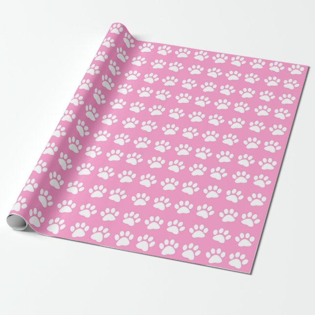 White Paw Prints on Light Pink Background Wrapping Paper (Unrolled)