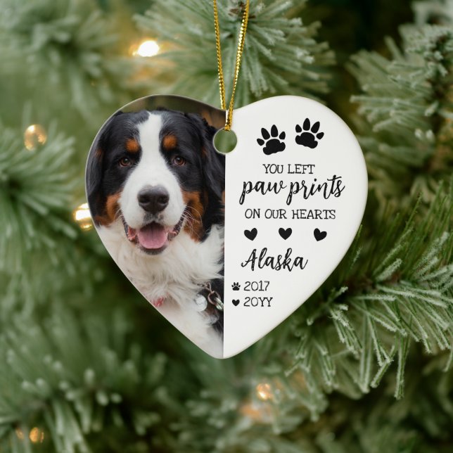 White Paw Prints On Our Hearts Pet Photo Ceramic Ornament (Tree)