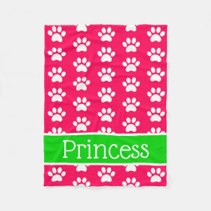 White Paw Prints on Pink With Green Personalized Fleece Blanket